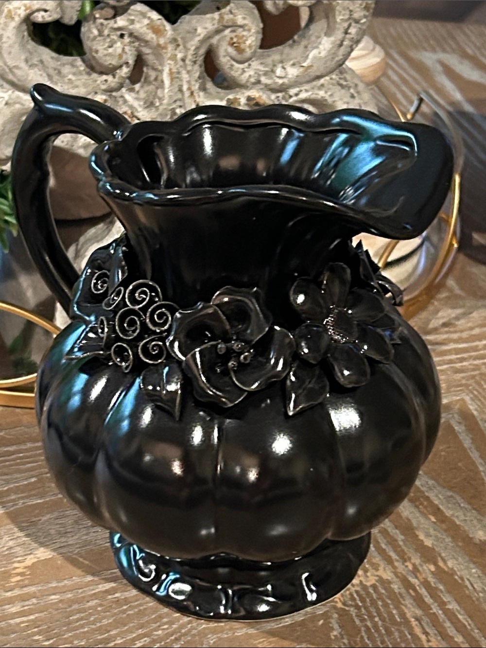 NEW! Vintage Inspired Victorian Gothic Black Floral Roses Ceramic Pitcher Vase